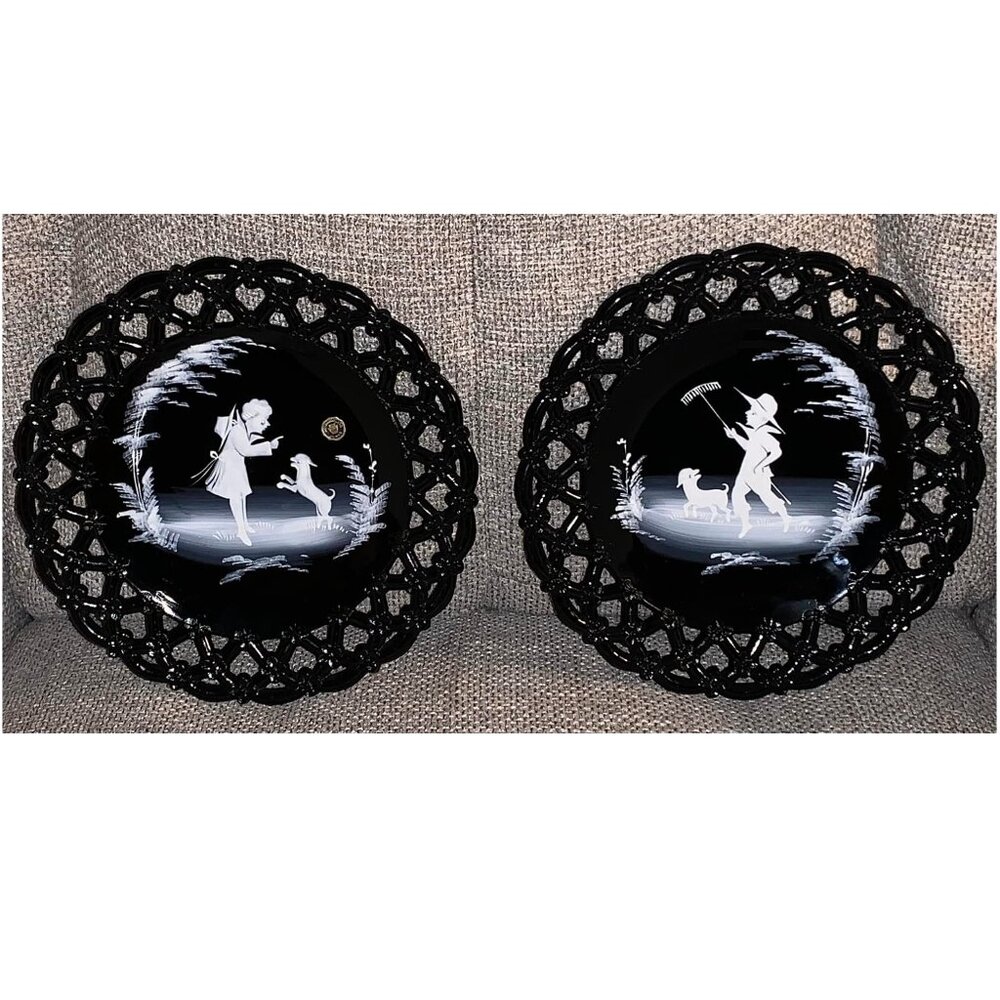 Vintage Westmoreland Reticulated Black Glass Plates Pair Girl & Boy w/ Dog